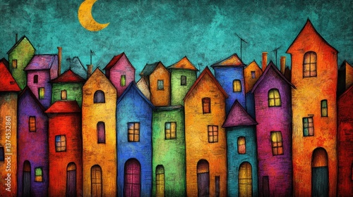 Colorful abstract houses in a whimsical landscape with vibrant hues of blues, reds, yellows, and greens under a starry night sky with a crescent moon illuminating the scene