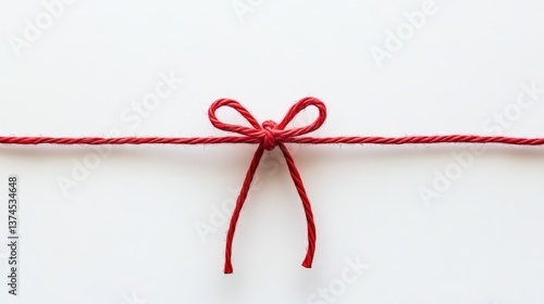 Close-up of a vibrant red string bow tied neatly on a white surface, symbolizing elegance and simplicity, ideal for creative projects, gifts, and decoration themes.