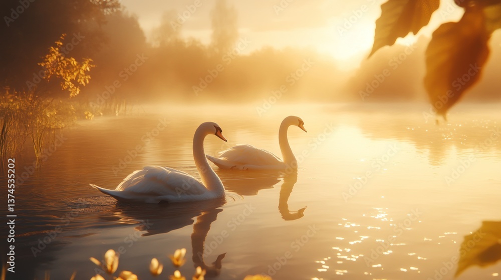Fototapeta premium Two swans glide serenely on a golden lake at sunrise, bathed in warm sunlight. Misty morning atmosphere