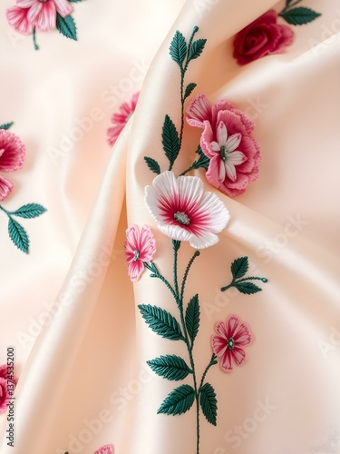 Embroidered Floral Elegance: Close-up shot of a soft, luxurious silk fabric, delicately embellished with vibrant floral embroidery, creating a tapestry of color and texture