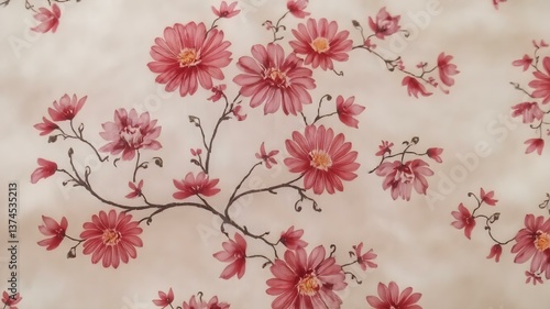 Floral Whispers: A delicate tapestry of vibrant blossoms gracefully adorns a soft, textured background. A symphony of pink and red petals creates a sense of organic, decorative design