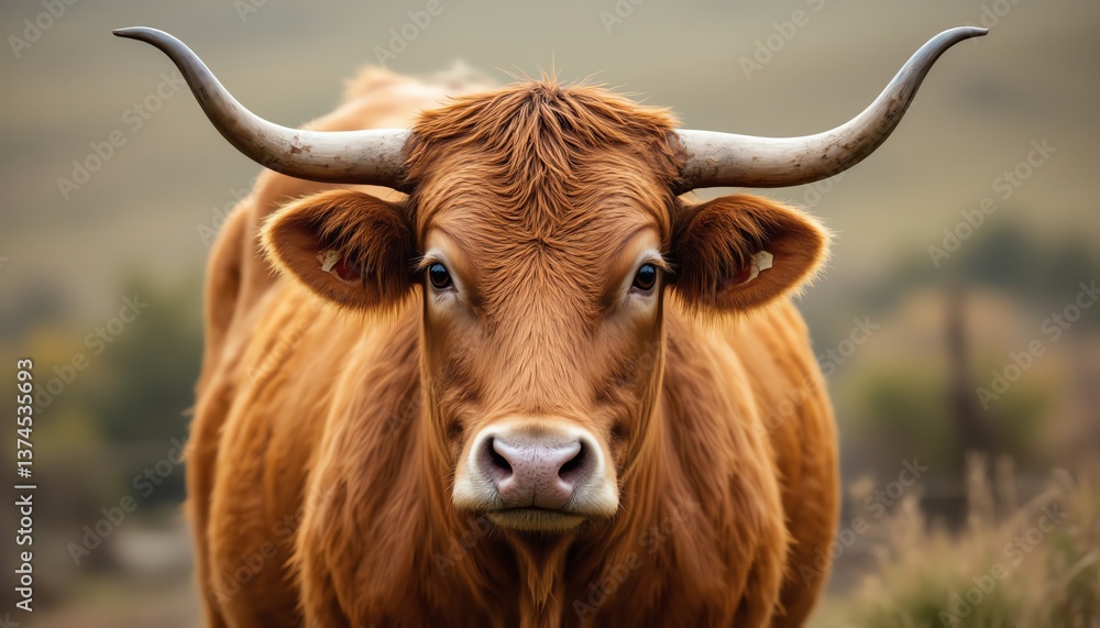 Naklejka premium Close-up of a brown cow in a serene landscape.
