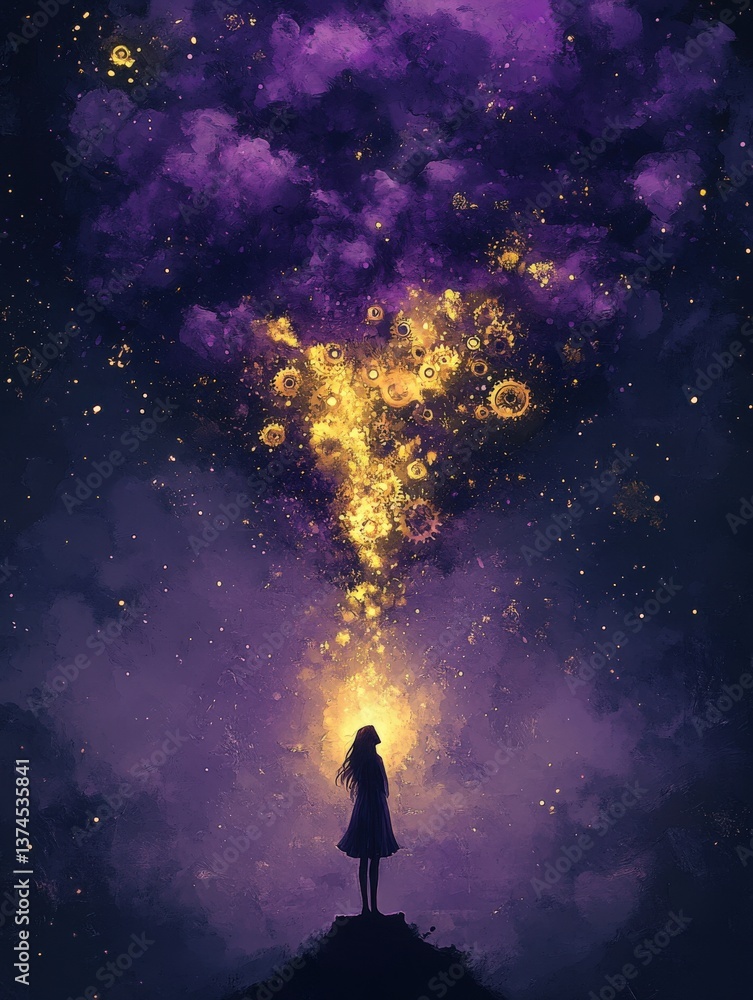 Fototapeta premium Serene girl silhouetted against a breathtaking night sky filled with golden gears and purple nebula, evoking wonder and dreams.
