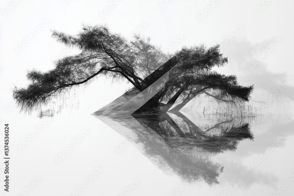 Fototapeta premium Tree Silhouette Reflected in Water Creates a Serene Minimalist Black and White Landscape