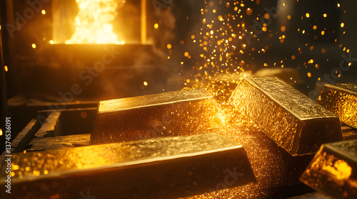 Molten gold being poured into molds to create solid gold bars, with a bright smelting furnace in the background.