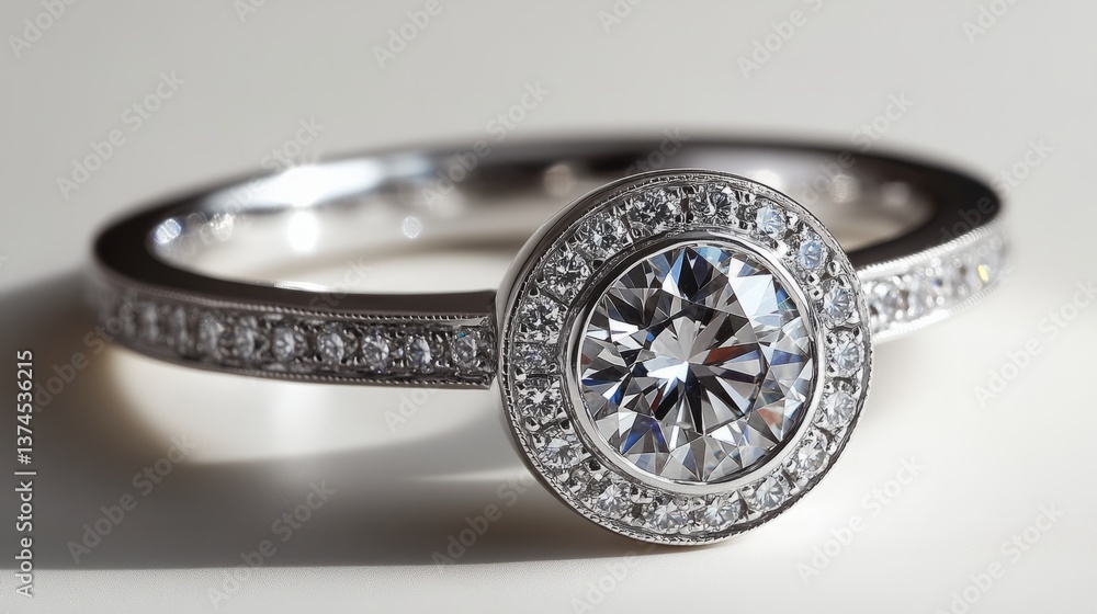 An elegant platinum ring with a brilliant round diamond in a bezel setting, surrounded by delicate pave diamonds, glowing against white An elegant platinum ring with a brilliant round diamond in a bezel setting, surrounded by delicate pave diamonds, glowing against white