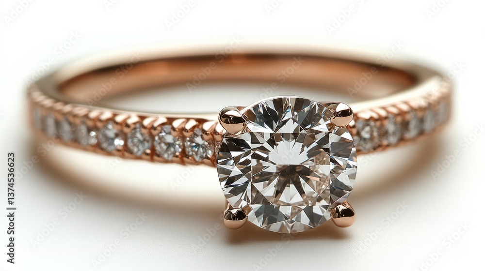 An elegant rose gold ring with a radiant round diamond, complemented by small diamonds along the band, glowing softly against white An elegant rose gold ring with a radiant round diamond, complemented by small diamonds along the band, glowing softly against white