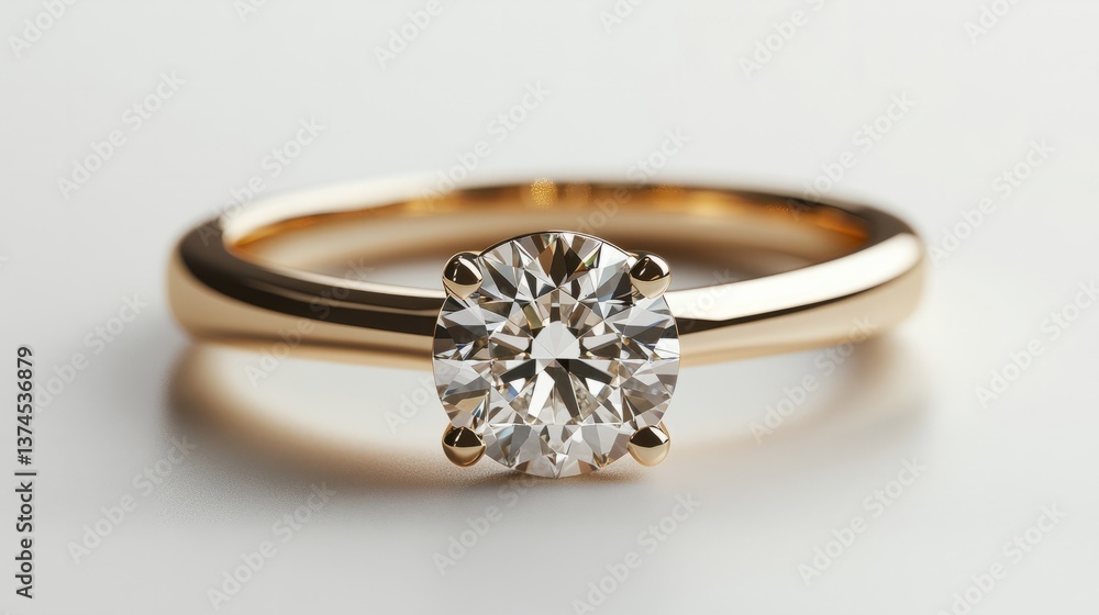 An elegant yellow gold ring featuring a radiant round brilliant diamond, clean and minimalist white backdrop An elegant yellow gold ring featuring a radiant round brilliant diamond, clean and minimalist white backdrop
