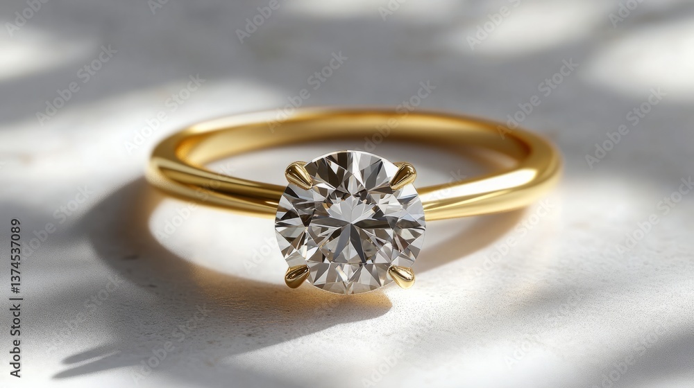 An elegant yellow gold ring with a solitaire round brilliant diamond, simple yet luxurious, glowing on a white background An elegant yellow gold ring with a solitaire round brilliant diamond, simple yet luxurious, glowing on a white background