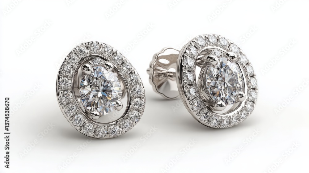 Chic white gold earrings with brilliant diamonds, elegantly displayed against a white background Chic white gold earrings with brilliant diamonds, elegantly displayed against a white background