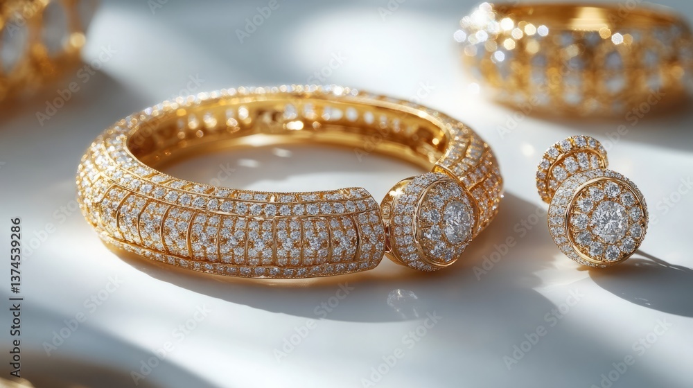 Chic yellow gold jewelry set with brilliant diamonds, including necklace, earrings, and ring, presented on a white surface Chic yellow gold jewelry set with brilliant diamonds, including necklace, earrings, and ring, presented on a white surface