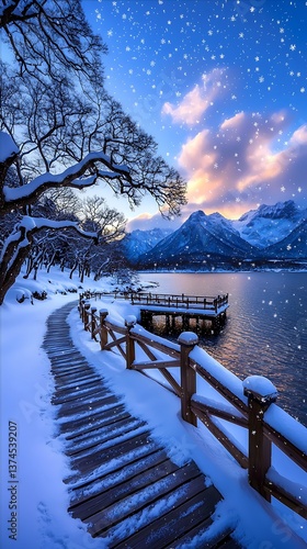 Snowy Lake Walkway Winter Sunrise.