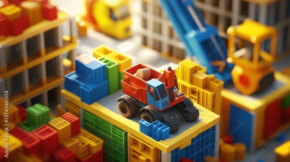 Fototapeta premium Colorful toy construction scene featuring a miniature loader on a vibrant stack of building blocks surrounded by various equipment and containers, ideal for children's projects.