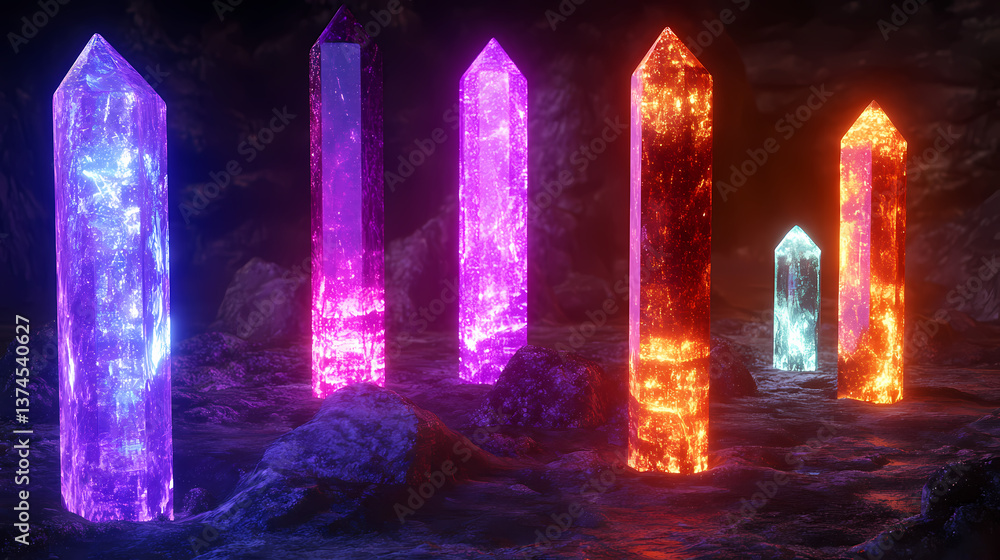 Glowing crystal pillars 3d render. Rune-Covered Pillar. Illustration Glowing crystal pillars 3d render. Rune-Covered Pillar. Illustration