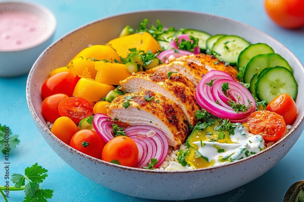 A bowl filled with chicken, vegetables and rice on a blue table A bowl filled with chicken, vegetables and rice on a blue table