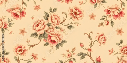 Blooming Elegance: A vintage-inspired floral pattern showcasing intricate roses, buds, and foliage against a warm, inviting backdrop, evoking timeless beauty and delicate charm. 