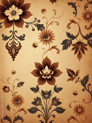 Elegant Floral Motif: A captivating pattern of stylized flowers, leaves, and ornate swirls unfolds in a vintage, painterly style, celebrating the beauty of botanical design.