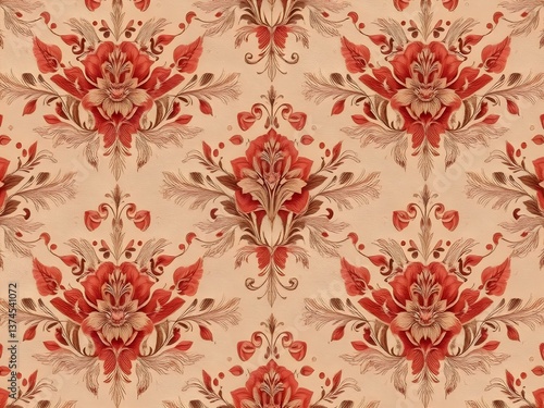 Floral Elegance: A close-up reveals an ornate floral pattern featuring intricate designs and rich, warm color palette, offering a glimpse of classic beauty and sophisticated charm.
