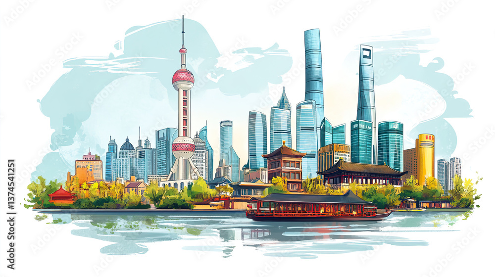Obraz premium Shanghai Tourist Spot Illustration: Famous Landmarks, Cityscape Art, Travel Destination Poster, Vibrant Urban Scene, Chinese Culture, Travel Illustration. 