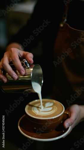 Wallpaper Mural Close-up of barista pouring milk into a coffee cup, creating stunning latte art in a cozy café setting. Torontodigital.ca