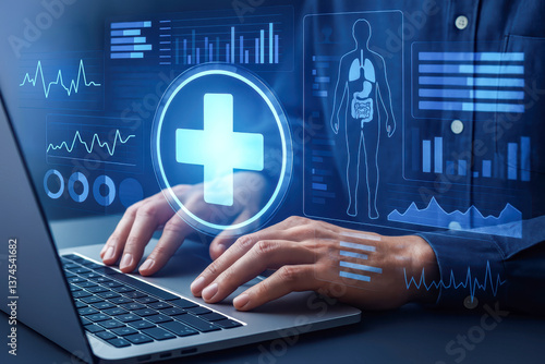 Obraz na płótnie Medical expert working on computer, navigating digital interface showing anatomical visualization and patient health metrics w salonie