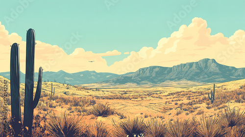 Minimalist Vintage Western Landscape Illustration: Rustic Desert Scene, Cowboy Art Print, Retro Western Graphic, Simple Western Artwork, Old West Illustration.
