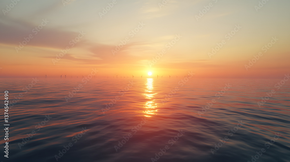 Obraz premium Offshore wind farm with turbines visible on the horizon, stretching out across the ocean with the sun setting in the distance.