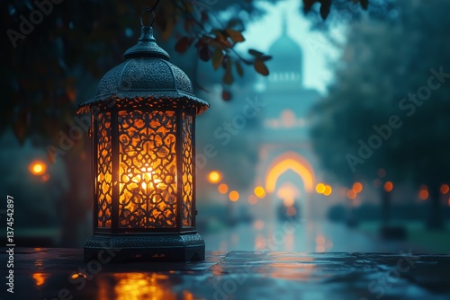 Bright Lantern Glows in an Ornate Courtyard During Evening Hours