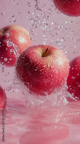 Fresh Red Apples Splashing in Water Against a Pink Backdrop During Bright Lig...