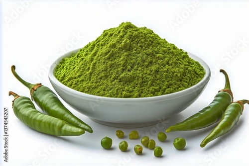 Fresh Green Chilies and Vibrant Chili Powder Arranged Attractively for Culina...