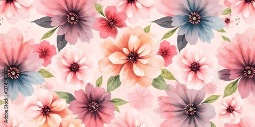 Floral Fantasy: A seamless pattern of blossoming flowers, rendered in soft watercolor hues, offering a delicate and artistic representation of floral beauty.