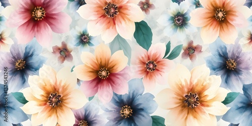 Floral Tapestry: A beautiful floral pattern with an assortment of vibrant flowers showcases nature's delicate artistry and forms a seamless backdrop for a variety of creative endeavors.
