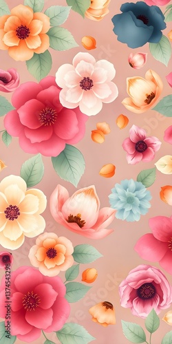 Floral Fantasy: A vibrant arrangement of watercolor flowers in full bloom against a soft, artistic backdrop, perfect for adding a touch of beauty and serenity.