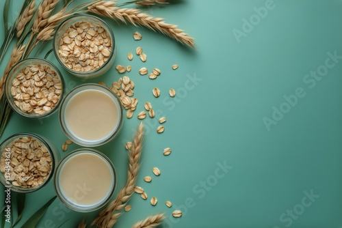 Oat Milk Preparation With Oats and Barley on a Teal Backdrop