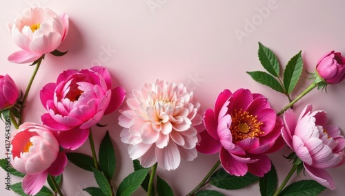 Fototapeta Naklejka Na Ścianę i Meble -  Majestic peonies and hydrangeas in bold colors against a neutral background, contemporary, colors