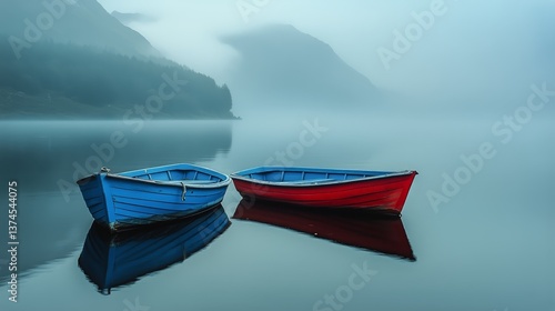 Colorful Boats Resting Calmly on the Misty Lake in the Early Morning Light