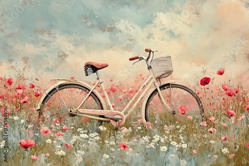 Vintage Bicycle in a Field of Colorful Flowers During a Serene Sunset