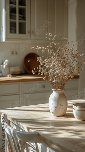 Elegant Vase With Dried Flowers on Wooden Table in Bright Kitchen Setting Dur...