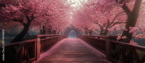 Serene Cherry Blossom Park Bridge During Misty Early Morning Hours