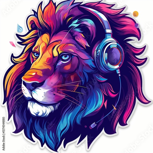 Colorful Lion Head with Headphones – Vibrant Color Gradient Sticker Design