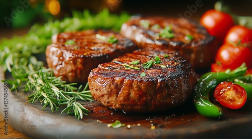 Mouthwatering Grilled Steaks With Herbs and Tomatoes on a Wooden Board