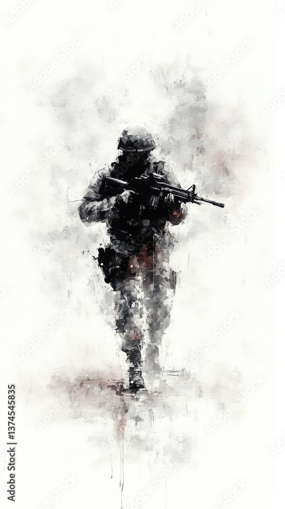 Naklejka premium Soldier with rifle emerging from smoke in the light, wearing tactical gear