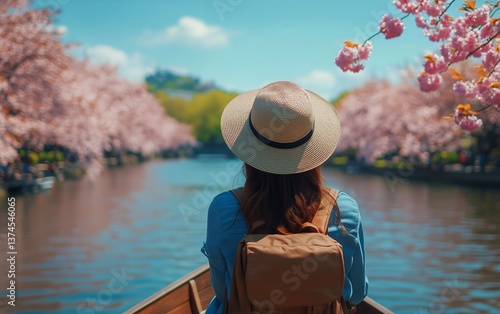 Enjoying a Serene Boat Ride Among Blooming Cherry Blossoms on a Sunny Day in ...