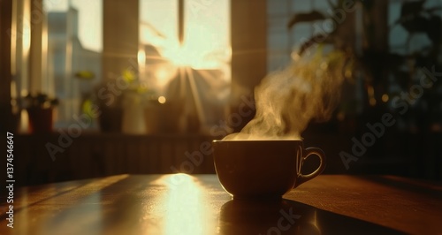 Morning Coffee Cup With Steam in Sunny Room Setting