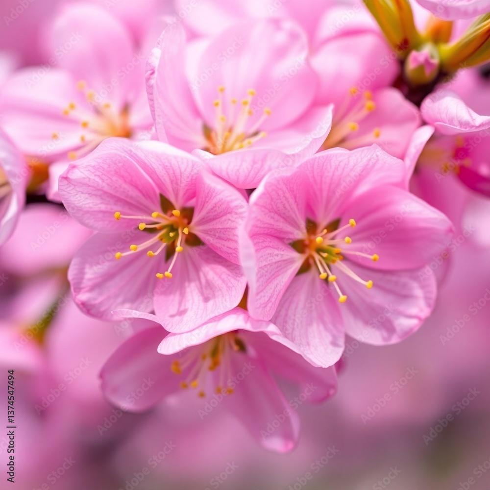 A soft and detailed image of pink cherry blossoms, showcasing their delicate beauty and yellow accents against a subtle, blurred background A soft and detailed image of pink cherry blossoms, showcasing their delicate beauty and yellow accents against a subtle, blurred background