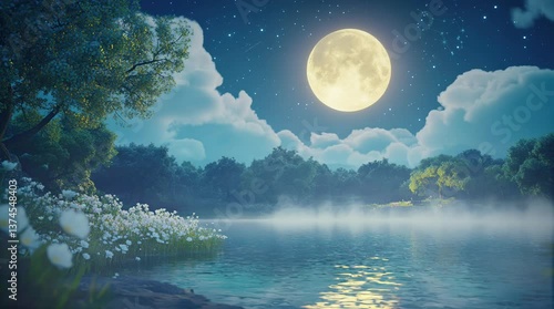 Peaceful night scene with full moon reflecting on misty lake surrounded by flowers, forest, and stars. Seamless looping video animation background