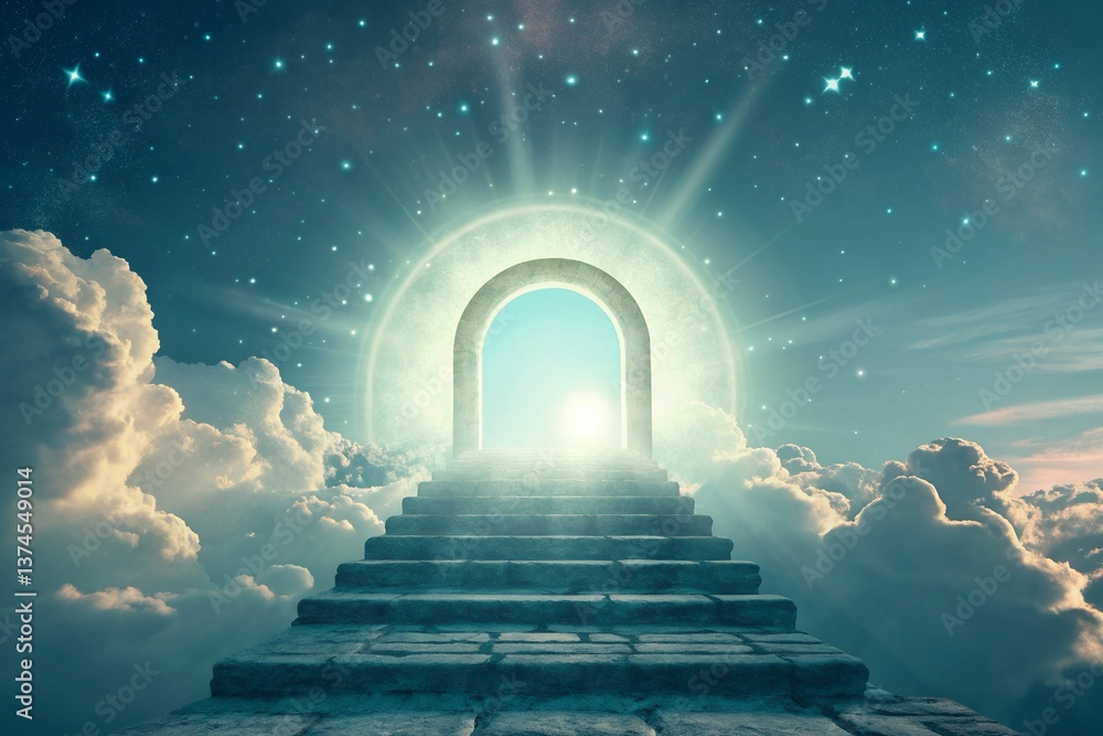 A celestial stairway ascending towards a radiant gateway in a dreamscape of clouds and stars, bathed in ethereal light. A celestial stairway ascending towards a radiant gateway in a dreamscape of clouds and stars, bathed in ethereal light.