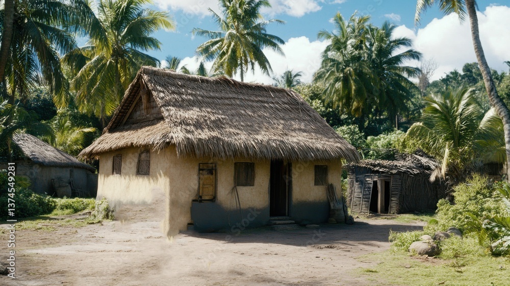 Family enjoys quality time outside clay house surrounded by palm trees during sunny day Family enjoys quality time outside clay house surrounded by palm trees during sunny day