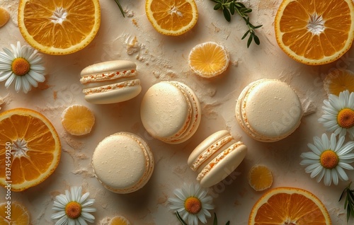 Delicious Orange Macarons Surrounded by Fresh Orange Slices and Flowers