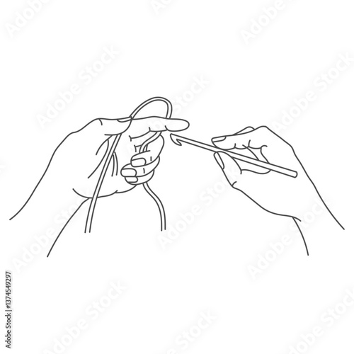 Knitting icon, female hands with hook and thread. Line art, sketch, clip art